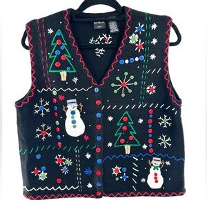 Vintage Christmas Holiday Snowman & Snowflake Sweater Vest Size XL Petite
